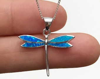Blue Opal Dragonfly Necklace, Sterling Silver Dragonfly Pendant, Nature Lover Good Luck Gift