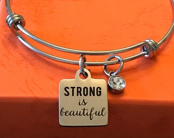 Inspirational Stainless Steel Charm Bangle, Strong Is , Birthstone Jewelry
