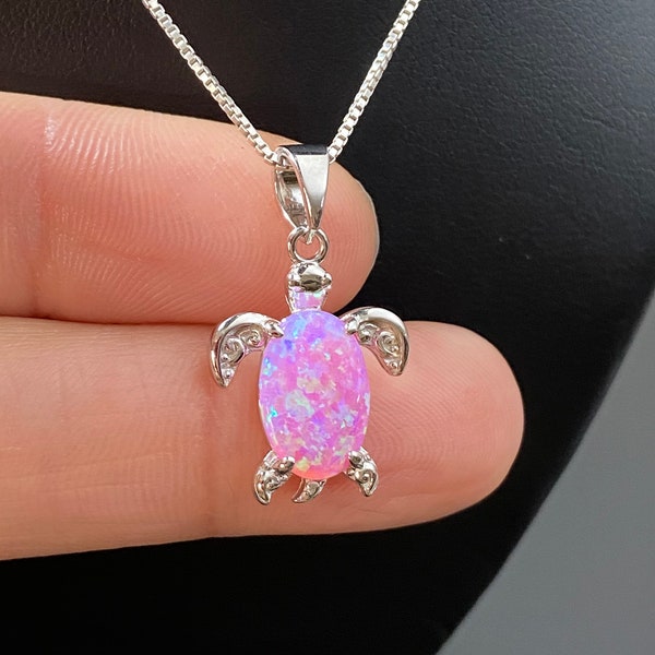 Pink Opal Turtle Necklace, Sterling Silver Pink Opal Pendant, Gift For Daughter, Small Opal Turtle Pendant