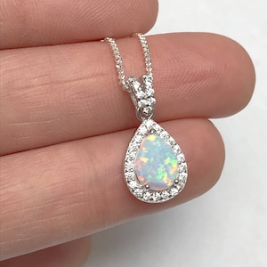 White Fire Opal Necklace, Sterling Silver Bridal Wedding Necklace, October Birthstone Jewelry, White Opal Teardrop Pendant