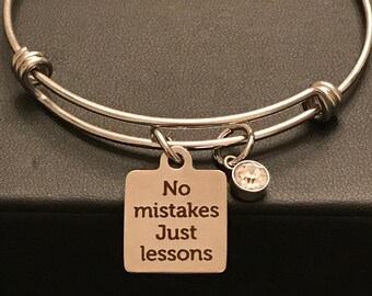 Inspirational Stainless Steel Bangle Bracelet, "No Mistakes Just Lessons", Birthstone Charm