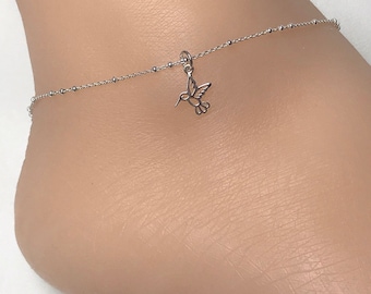 Hummingbird Anklet, Sterling Silver Beaded Ankle Bracelet, Dainty Bird Anklet, Hummingbird Lover Gift