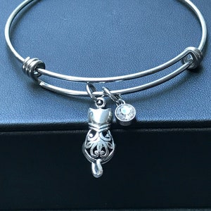 Bracelet pour chat, Bracelet de chat en argent sterling en filigrane, Cadeau de bijoux damoureux de chat, Bijoux en pierre de naissance, Bracelet personnalisé image 1