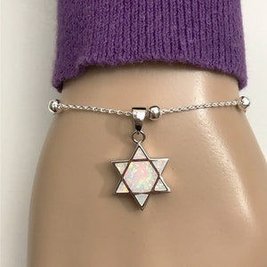 Star Of David Bracelet, Sterling Silver White Opal Beaded Bracelet, Dainty Fire Opal Bracelet Charm Bracelet