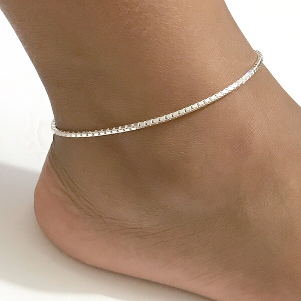 Box Chain Anklet, Sterling Silver Ankle Bracelet, Everyday Simple Anklet, Minimalist Dainty Anklet