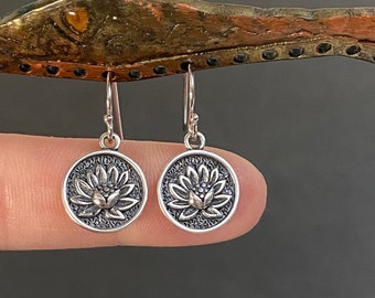 Small Lotus Flower Earrings, Sterling Silver Lotus Coin Earrings, Dangle Earrings, Boho Earrings