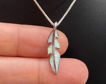 Small Feather Necklace, Sterling Silver  White Opal Feather Pendant Necklace, Boho Chic Gifts For BFF, Festival Jewelry