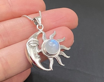 Moonstone Sun Moon Necklace,  Sterling Silver Moon And Sun Pendant, Celestial Necklace, June Birthstone Jewelry, Rainbow Moonstone, Gift