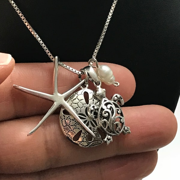 Starfish Necklace, Sand Dollar and Sea Turtle Necklace , Sterling Silver Sealife Nautical Jewelry, Beach Lover Necklace Gift