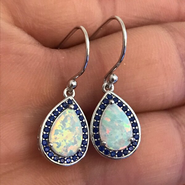 Blue Sapphire and White Fire Opal Earrings~White Opal Earrings~Sterling Silver Opal Earrings~Opal Jewelry~Teardrop Opal~Dangle Earrings