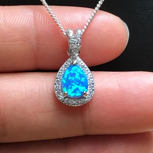 Blue Fire Opal Necklace, Sterling Silver Bridal Necklace, Wedding Necklace, October Birthstone Jewelry, Blue Opal Teardrop Pendant