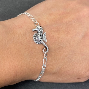Seahorse Bracelet, Sterling Silver Seahorse Charm Bracelet, Figaro Charm Bracelet, Marine Biologist Gift