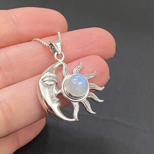 Moonstone Sun Moon Necklace,  Sterling Silver Moon And Sun Pendant, Celestial Necklace, June Birthstone Jewelry, Rainbow Moonstone, Gift