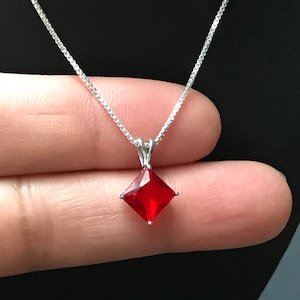 Ruby Necklace, Sterling Silver Princess Diamond Cut Ruby Pendant, Dainty Minimalist Red Necklace, July Birthstone Necklace
