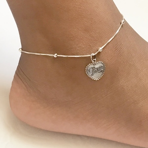Love Heart Anklet, Sterling Silver Beaded Ankle Bracelet, Heart Charm Anklet