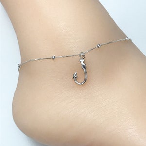 Fish Hook Anklet, Sterling Silver Beaded Ankle Bracelet, Dainty Hook Charm Anklet