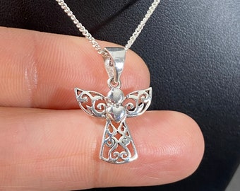 Sterling Silver Angel Necklace, Dainty Heart Charm