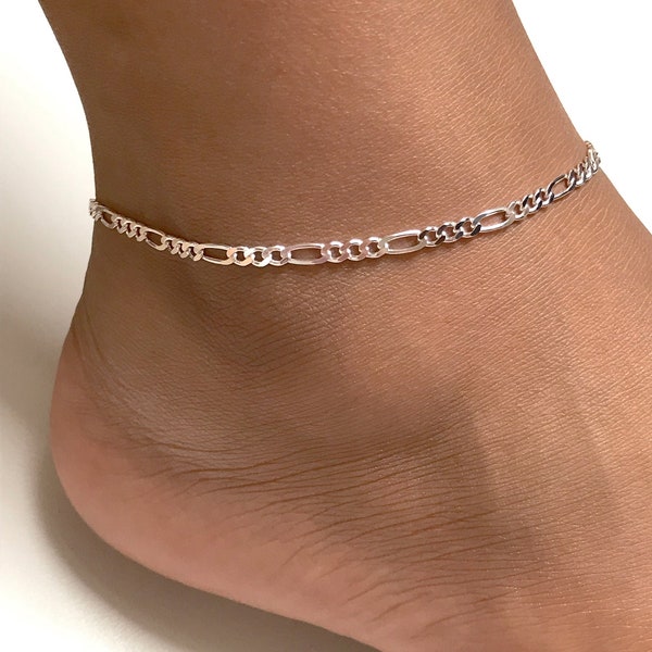 Figaro Anklet, Sterling Silver Figaro Chain Ankle Bracelet, Everyday Simple Anklet