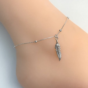 Feather Anklet, Sterling Silver Beaded Ankle Bracelet, Feather Charm Anklet