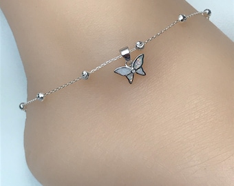 Butterfly Anklet, Sterling Silver Beaded Ankle Bracelet, Dainty White Opal Charm Anklet