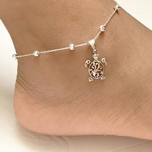 Filigree Turtle Anklet, Sterling Silver Beaded Ankle Bracelet, Sea Turtle Charm Anklet