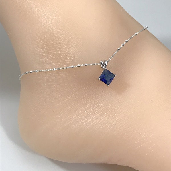 Blue Sapphire Anklet, Sterling Silver Beaded Ankle Bracelet, Dainty Something Blue Anklet, Bridal Anklet