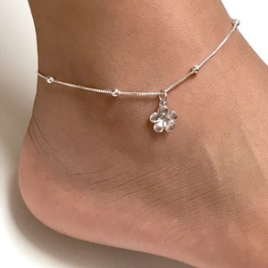 Plumeria Flower Anklet, Sterling Silver Beaded Ankle Bracelet, Dainty Flower Anklet