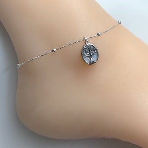 Tree of Life enkelt, Sterling zilveren kralen enkel armband, sierlijke witte brand opaal enkel, minimalistische sieraden