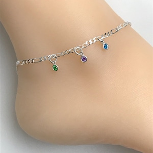 Birthstone Anklet, Sterling Silver Gift For Mom, Gift For Grandmother, Figaro Ankle Bracelet With Kids Birthstones
