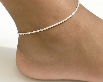 Sterling Silver Rope Chain Anklet, Adjustable Ankle Bracelet