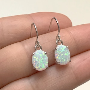 White Fire Opal Earrings, 925 Sterling Silver Dangle Earrings, October Birthstone Jewelry, Blue Oval Opal Earrings