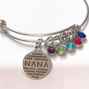 Nana Stainless Steel Birthstone Bracelet, Gift For Grandmother, Family Tree Birthstone Jewelry, Grand Children Birthstones