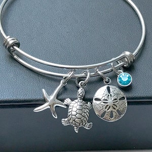 Starfish, Sand Dollar and Turtle Charm Bangle Bracelet, Sterling Silver Sea Life, Beach Lover Jewelry Gift, Birthstone Personalized Bracelet