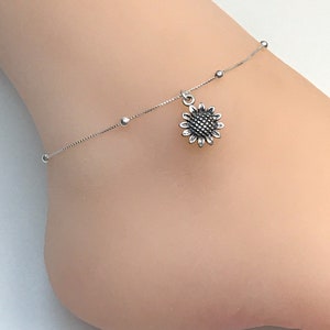 Sunflower Anklet, Sterling Silver Beaded Ankle Bracelet, Sunflower Charm Anklet