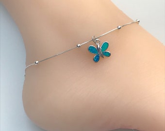 Butterfly Anklet, Sterling Silver Beaded Ankle Bracelet, Dainty Blue Opal Charm Anklet