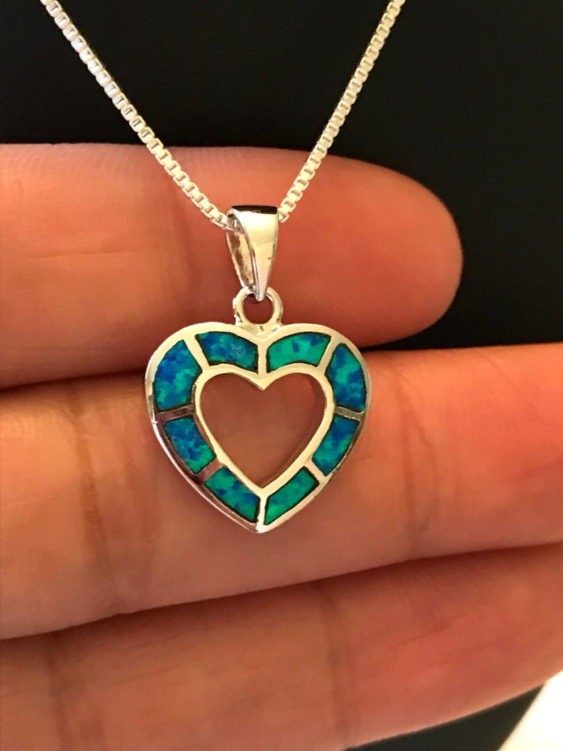 Lab Created Heart Blue Heart Opal with CZ .925 Sterling Silver Pendant