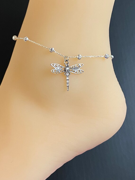 Sterling Silver Dragonfly Anklet Ankle Bracelet with Cubic Zirconia Sterling Silver Dragonfly Anklet Ankle Bracelet with Cubic Zirconia