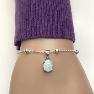 Fire Opal Bracelet, Sterling Silver White Opal Beaded Bracelet, Dainty Opal Charm Bracelet