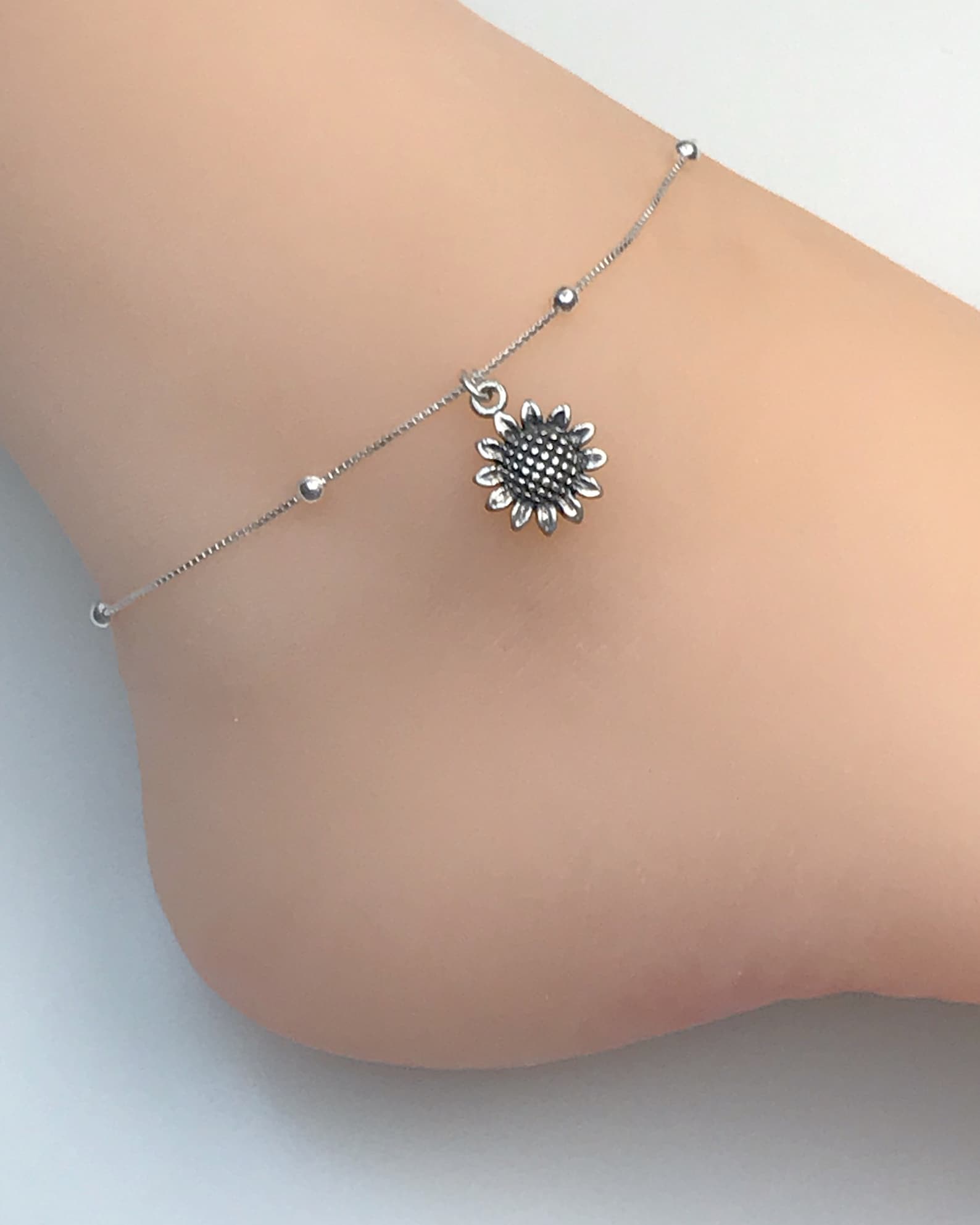 Sunflower Anklet Sterling Silver Beaded Ankle Bracelet Etsy