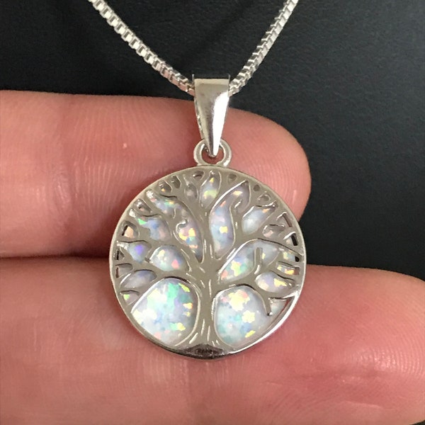 Opal Tree Of Life Necklace, Sterling Silver Tree Of Life Pendant, White Fire Opal Necklace, Tree Of Life Charm, Family Tree Necklace