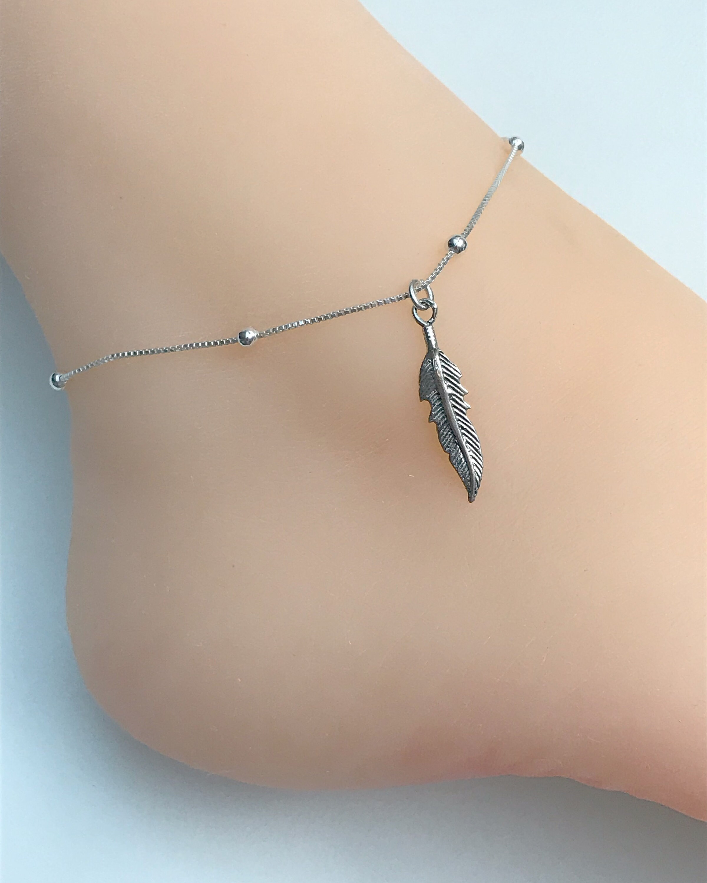 Feather Anklet Sterling Silver Beaded Ankle Bracelet Feather Etsy