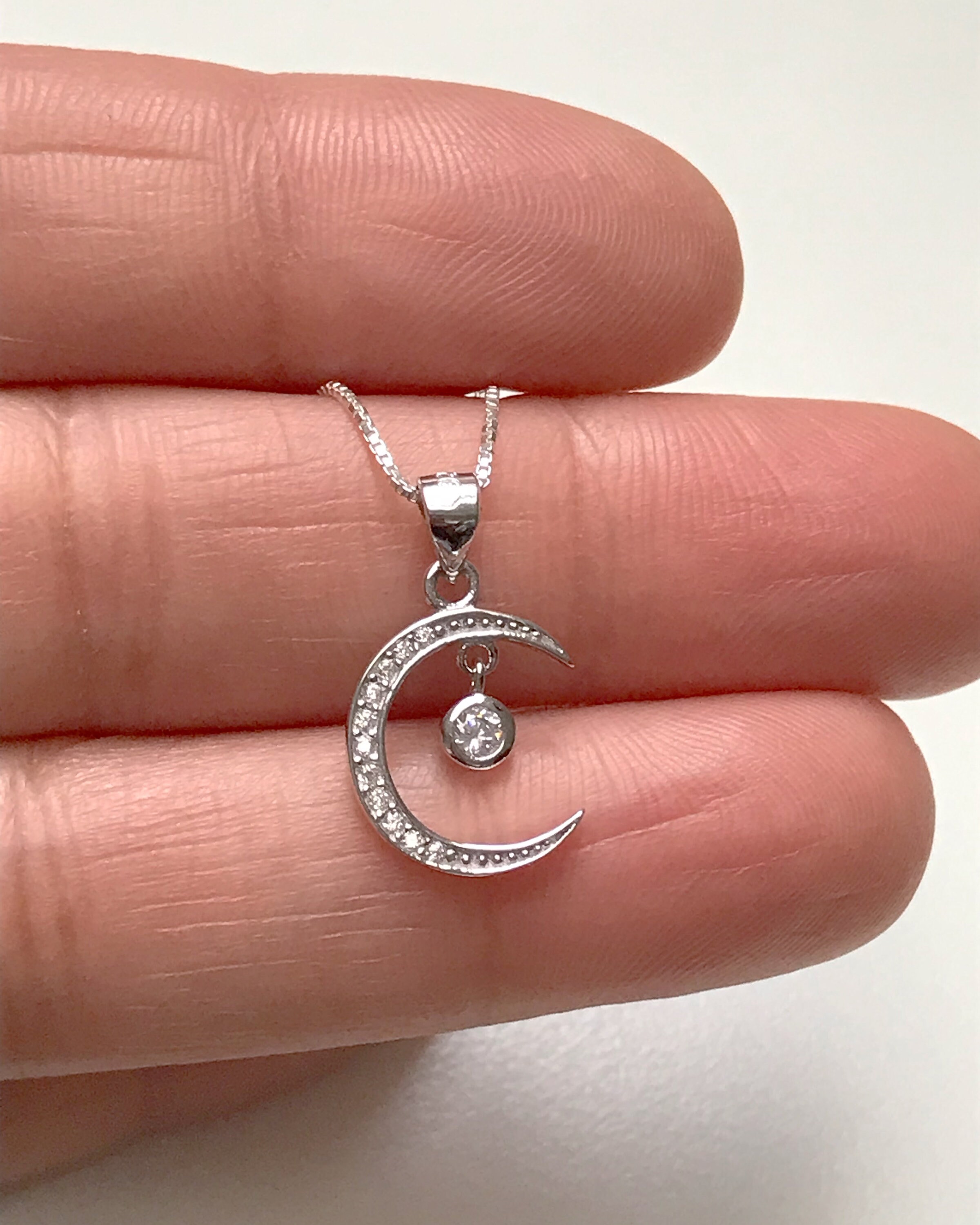 Small Crescent Moon Necklace, Sterling Silver CZ Moon Charm