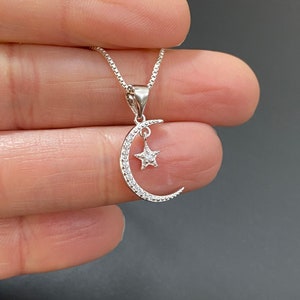 Sterling Silver Moon And Star Necklace, Celestial Necklace, Tiny Moon Star Necklace, Crescent Moon Charm Necklace, Gift For Her