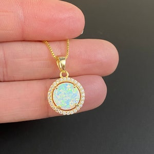 Gold Opal Necklace, Fire Opal Wedding Necklace, October Birthstone Jewelry, Round White Opal Pendant