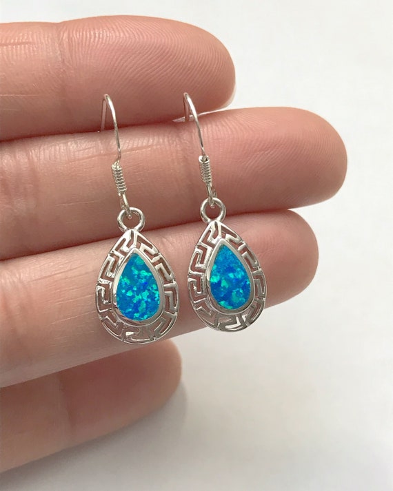 Blue opal stud earrings in sterling silver 925 with Greek design