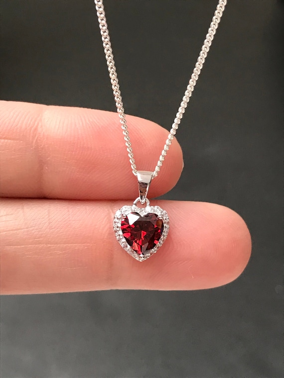 Garnet Heart CZ Necklace Art Nouveau 