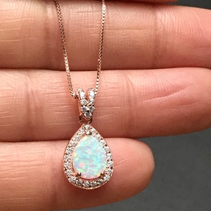 White Fire Opal Necklace, Rose Gold Bridal Necklace, Wedding Necklace, October Birthstone Jewelry, White Opal Teardrop Pendant image 9