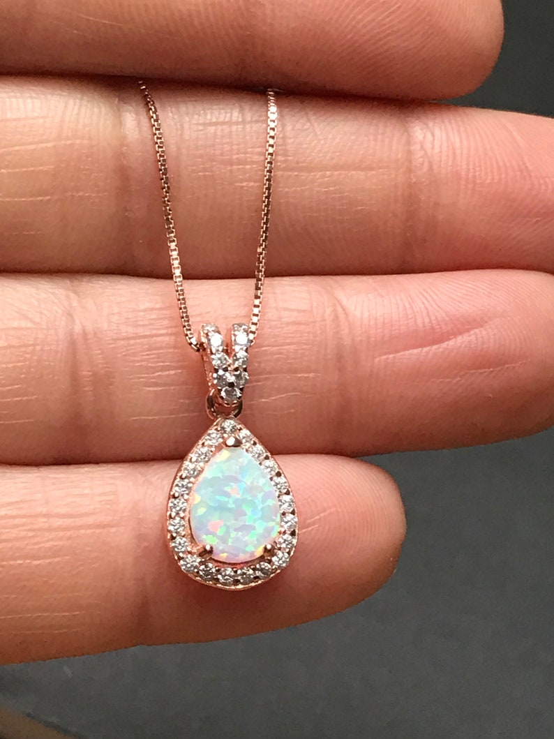 White Fire Opal Necklace, Rose Gold Bridal Necklace, Wedding Necklace, October Birthstone Jewelry, White Opal Teardrop Pendant image 9