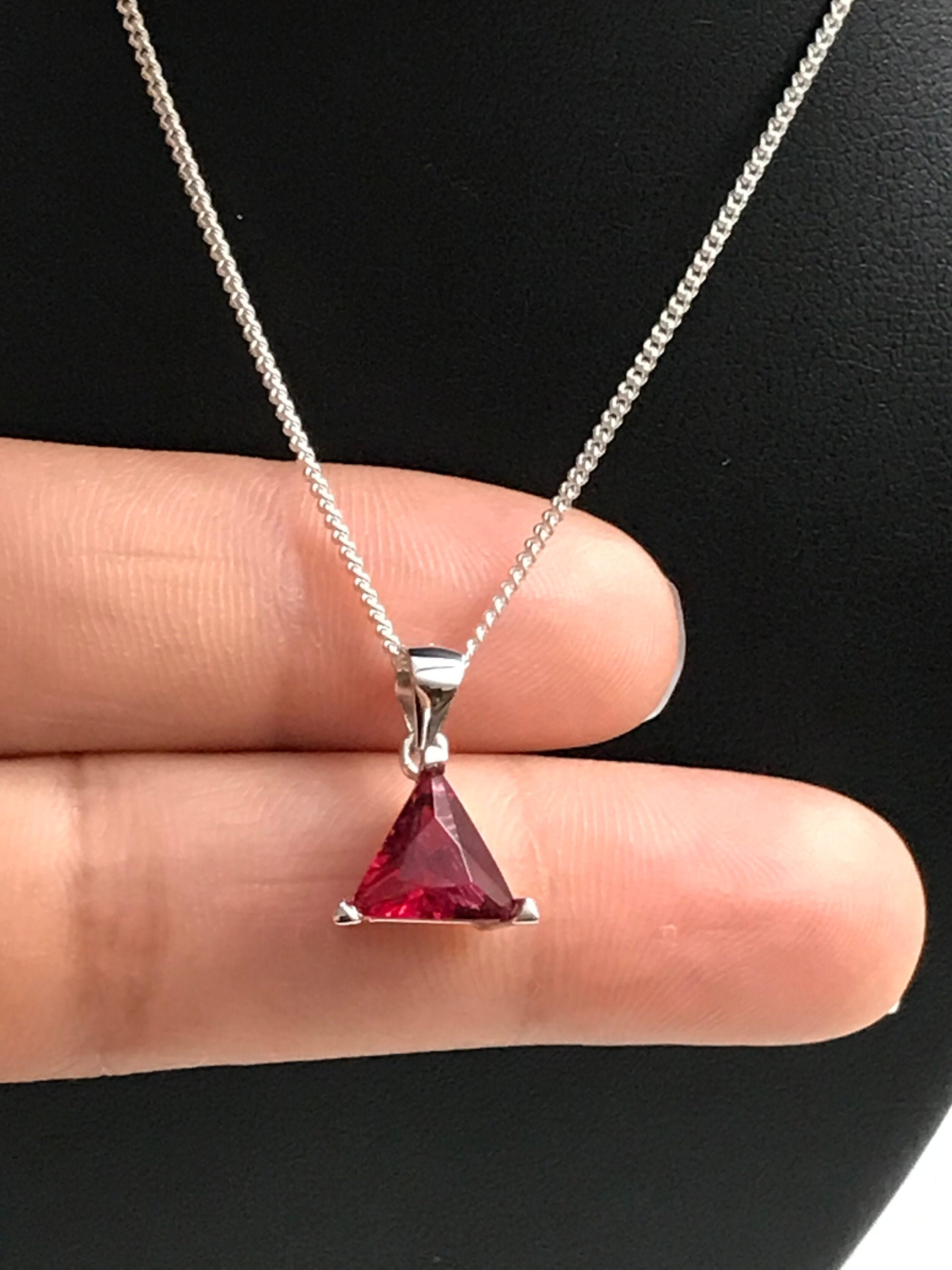 Trillion Ruby Necklace, Sterling Silver CZ Necklace, Triangle