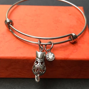 Bracelet pour chat, Bracelet de chat en argent sterling en filigrane, Cadeau de bijoux damoureux de chat, Bijoux en pierre de naissance, Bracelet personnalisé image 5